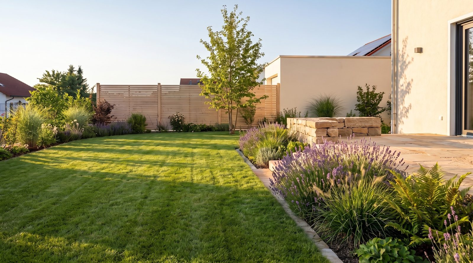 Fertig angelegter Garten mit Terrasse und Staudenbeeten, Auftrag der Fichtner Garten- und Landschaftsbau